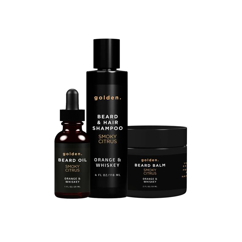 Golden Grooming Beard Bundle (Regular Starter Kit) 4oz Shampoo, 2oz Balm, 1oz Oil - Smoky Citrus