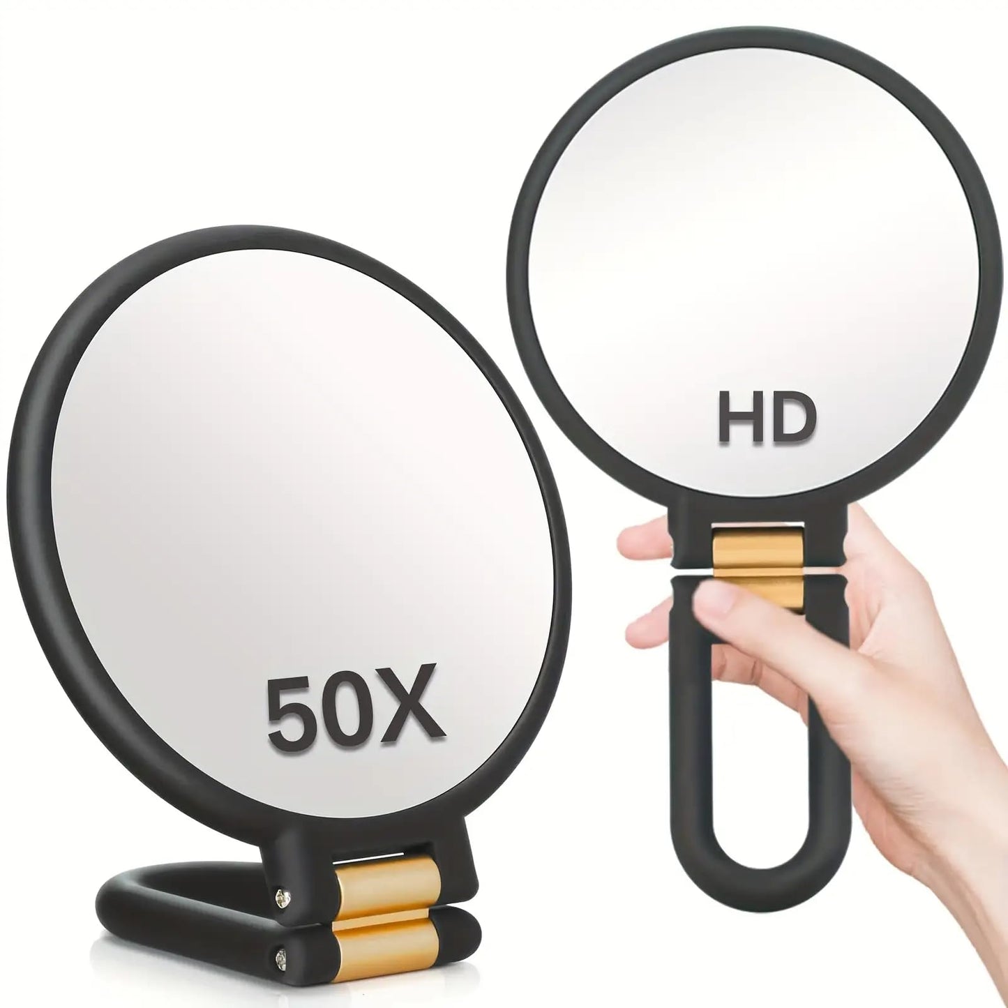 RYPFOEWBN Modern Mirror 3-in-1 Magnifying Glass, Black and Gold, 24cm/9.45inch, 50X Magnification, Handheld/Wall Mount/Tabletop Design, Double-Sided Makeup Mirror with 360° Adjustable Handle