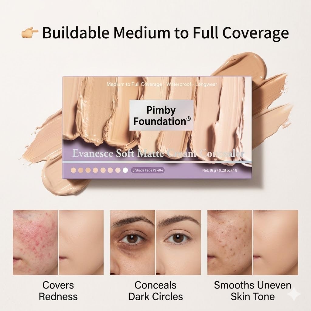PIMBY Full Coverage Concealer Makeup for Dark Circles & Acne, Lightweight Under Eye & Face Concealer, Long Lasting Blendable Formula with Natural Flawless Finish for Women (Dark)