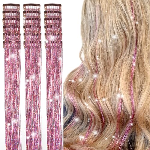 Aokomisu 18Pcs Pink 20 Inch Clip-In Hair Tinsel Extensions for Girls & Women