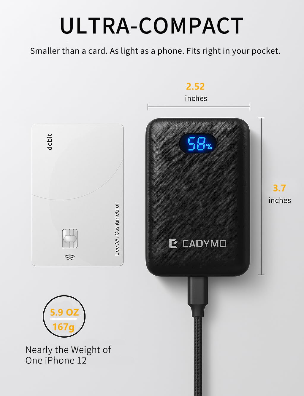 cadymo Heated Vest Battery Pack 7.4V/5V 10000mAh, Ultra-Light Battery Pack with LED Display, DC/USB-A/Type-C PD Output, Compatible with ORORO Venustas Heated Jackets, Vests & Gloves