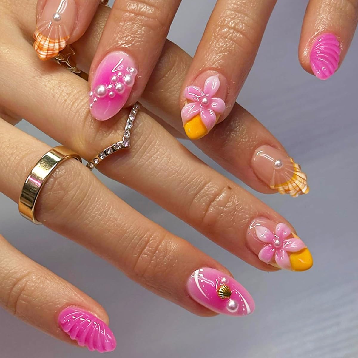 Pink Press-On Nails - 24 Pcs Short Almond White French with 3D Pearl Bow & Butterfly Design | Full Cover Acrylic Nail Art Tips for Women