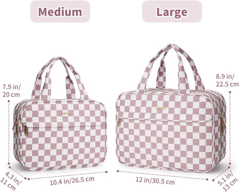 Hanging Toiletry Bag for Women - Checkered Travel Makeup Organizer | Medium Dusty Pink Checkerboard