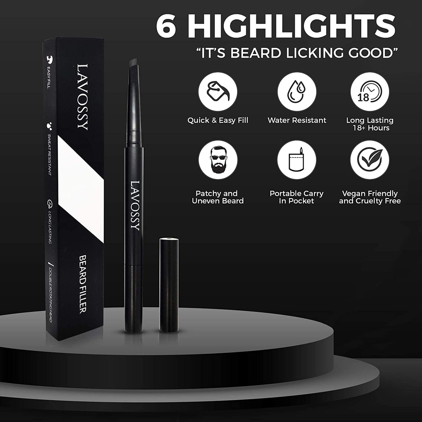 LAVOSSY Beard Pencil Filler for Men - Long Lasting and Easy to Use Beard Pen with blending brush results in a sleek & natural look, Water/Sweat Proof filler (Dark Brown, Value Pack (Pack of 3))