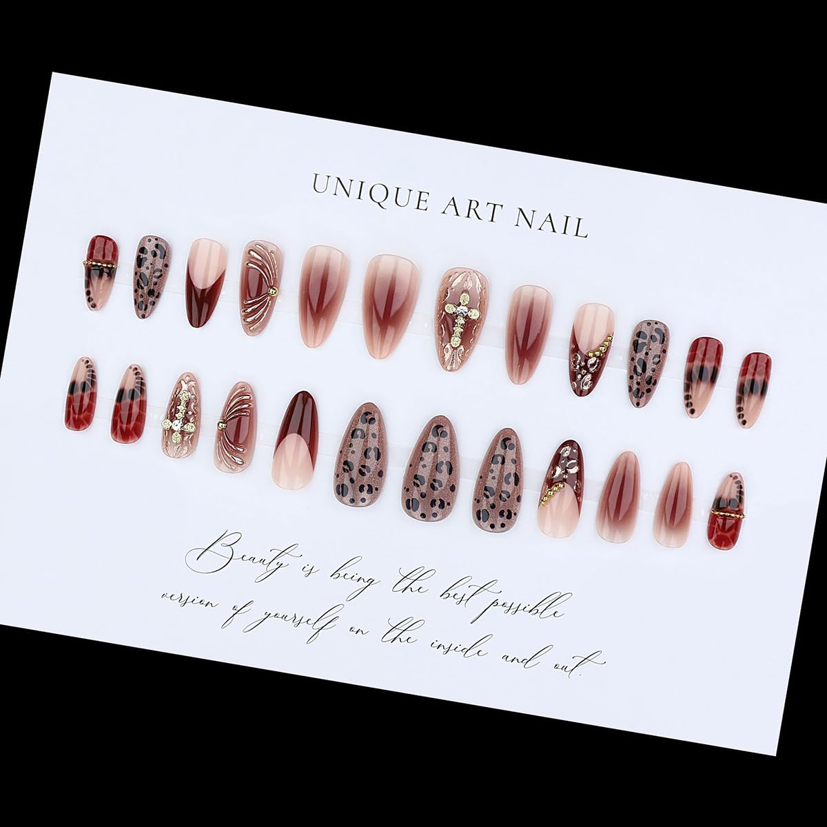 French Tip Almond Press-On Nails - Cat's Eye Acrylic with 3D Charms | 24 Pcs Set