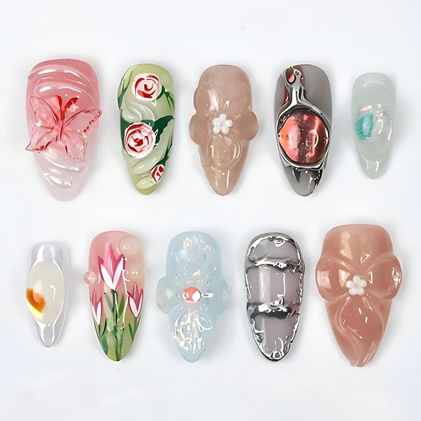 Press-On Nails - 24Pcs Medium Almond Fake Nails with Lotus & Lucky Koi Design | Glossy Full Cover for Spring/Summer DIY Manicure