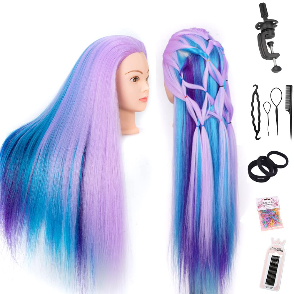 Mannequin Head with Hair - 26" Styling Manikin for Cosmetology | Multicolored Synthetic Fiber Hair, Table Clamp Stand Included