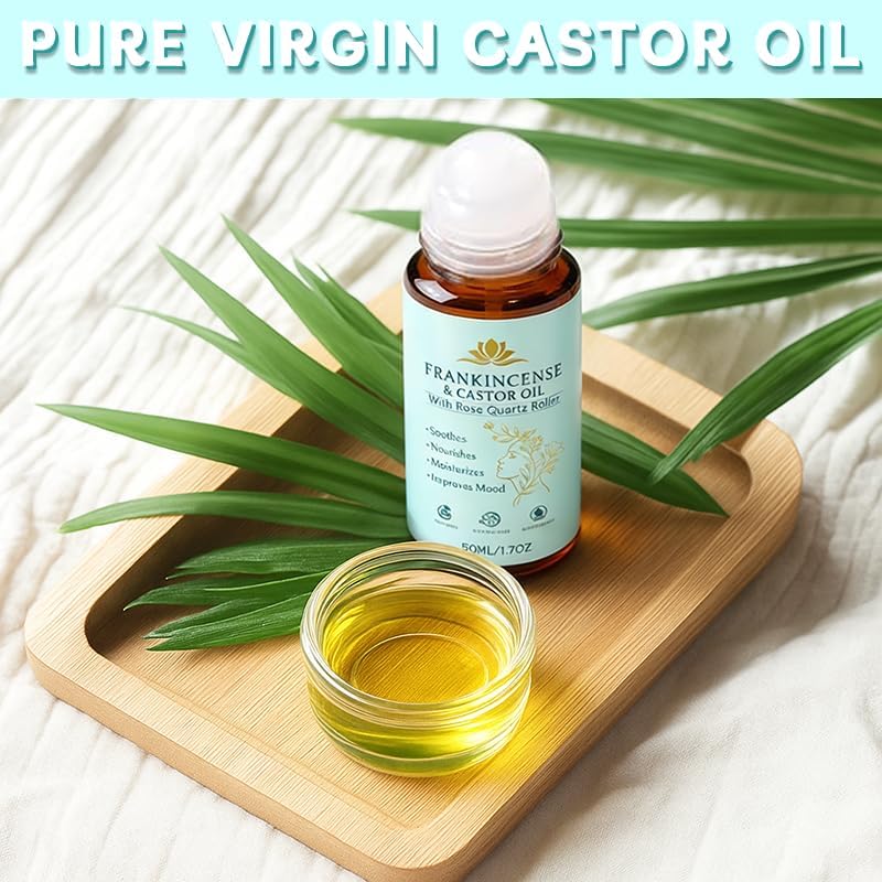 Rose Quartz Roller Ball with Frankincense & Castor Oil - Lightweight Skin Oil for Face, Neck & Abdomen | 50ML/1.7oz