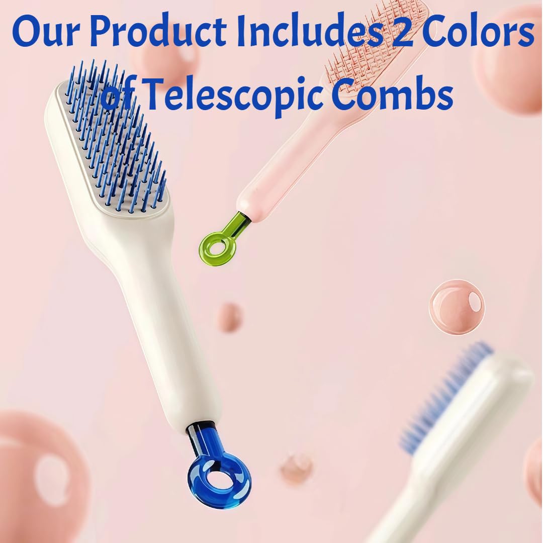 Self-Cleaning Hair Brush Set - Retractable Cushion Massage Comb for Women | Travel-Size, Lightweight Pink & White