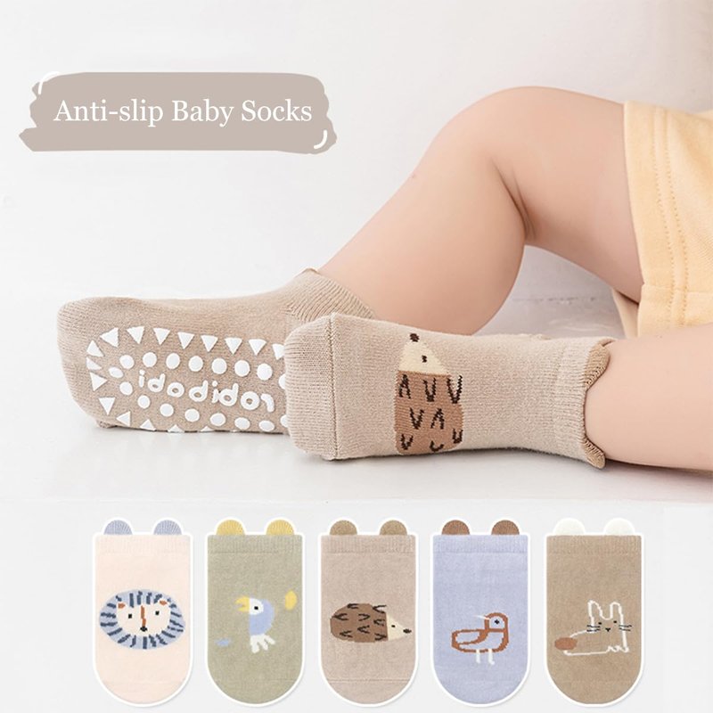 WATOCHE Baby Crawling Knee Pads and Socks with Anti-Slip Grips 10 Pairs Unisex Baby Toddler Nonslip Kneepads & Ankle Floor Socks(10 Pairs-Brown Animal,0-12M)