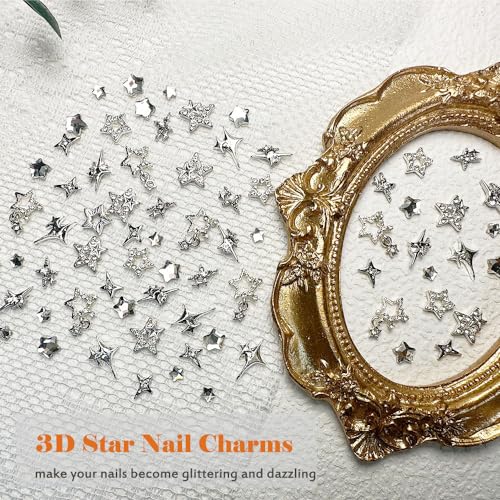 55pcs Y2K Silver Star Nail Charms - 3D Rhinestones for Nail Art
