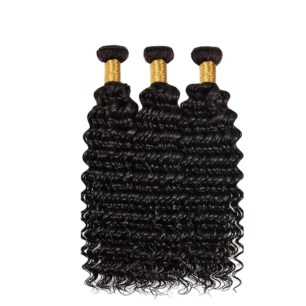 Deep Wave Human Hair Bundles 12 14 16 Inch Curly Bundles Human Hair Weave 100% Unprocessed Brazilian Virgin Remy Hair Wet and Wavy Hair Extensions for Women Natural Black Raw Weft