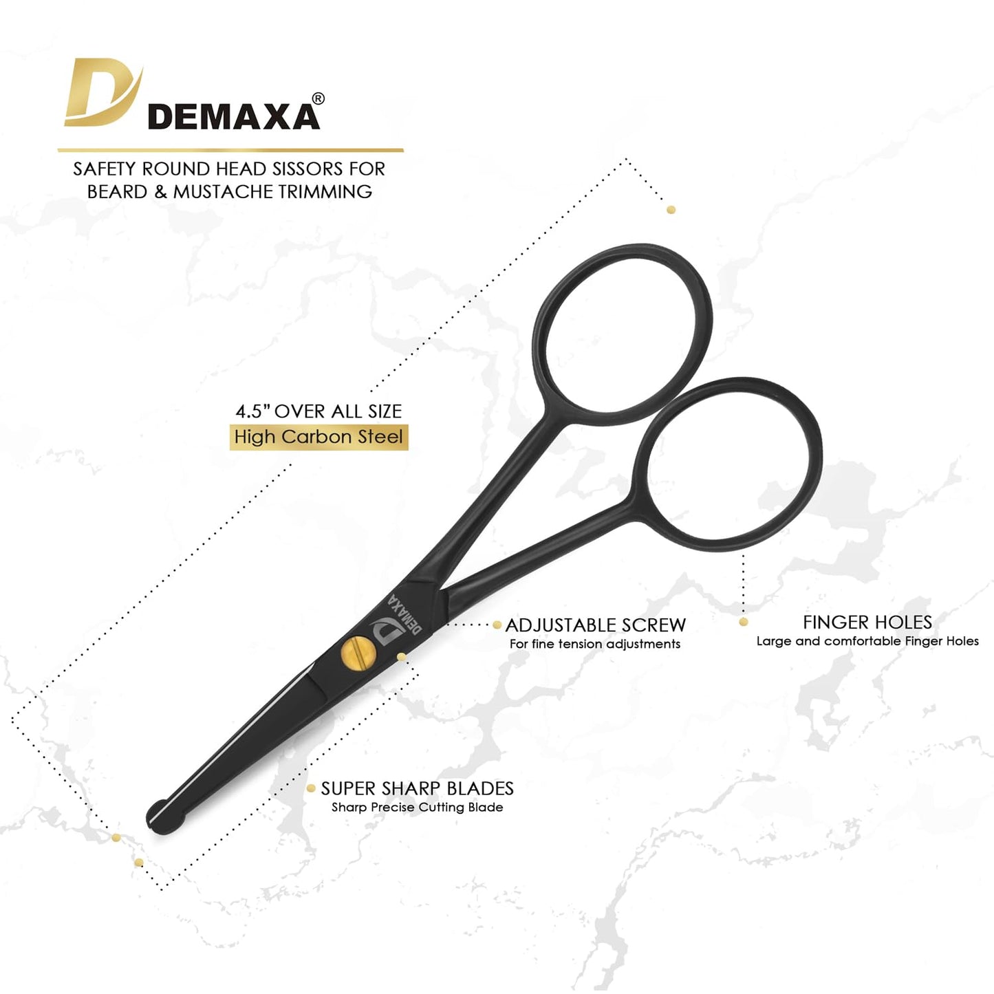 DEMAXA 4.5" Round Tip Safety Mustache Scissors Beard Scissors with 1 Mustache Comb, 1 Beard Comb & Soft Pouch – Best Facial Hair Shears for Beard Mustache Trimming Nose & Ear Hair