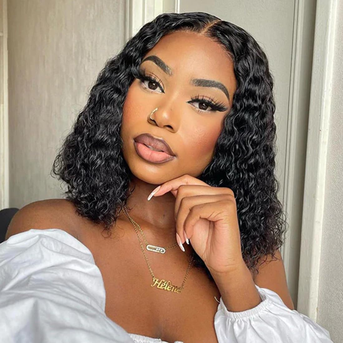 ISEE Glueless Bob Wigs Human Hair Pre Plucked Pre Cut Water Wave Human Hair Wig for Black Women 5x7 HD Lace Closure Wigs 180% Density (Black, 14 Inch)