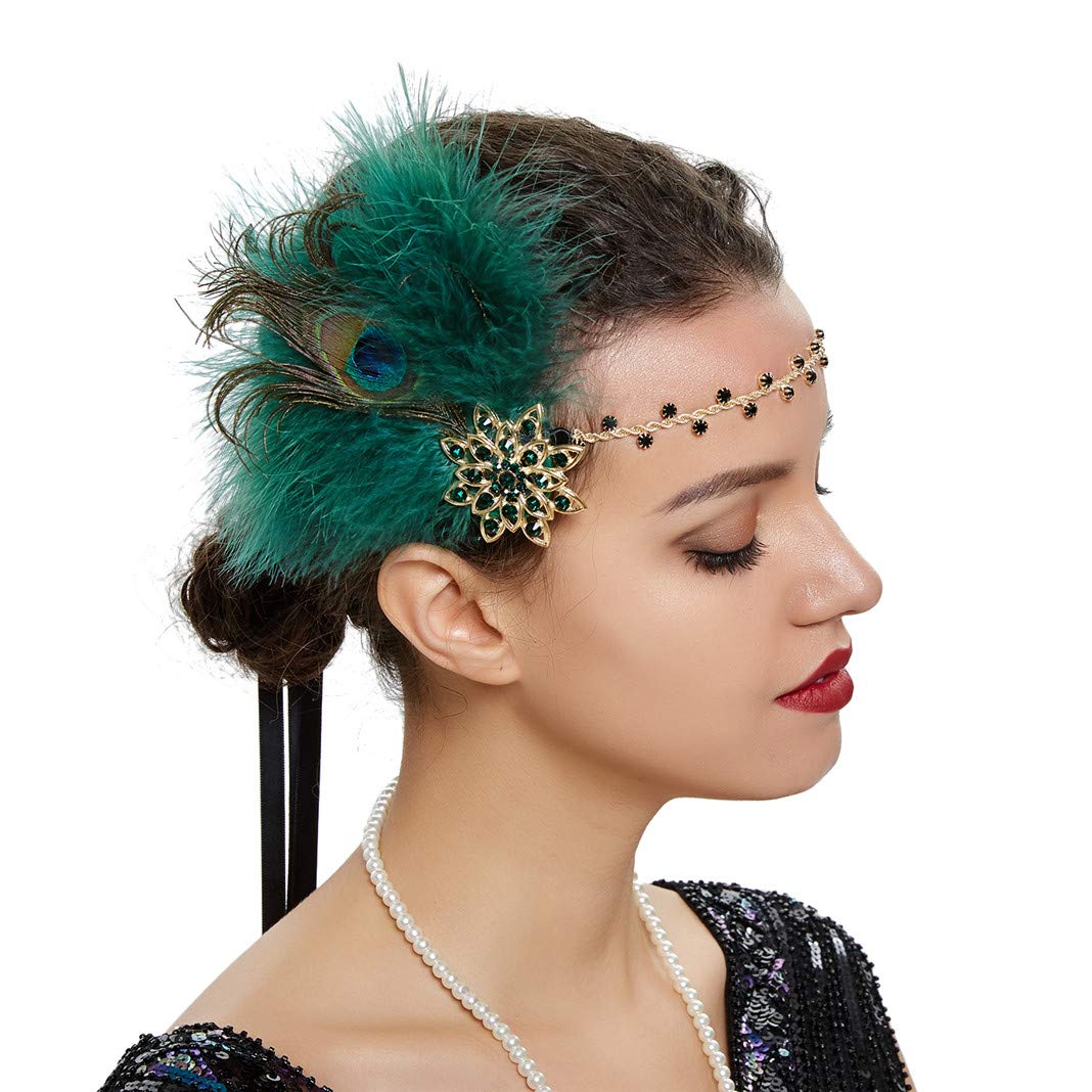Lovfingu Flapper Headband Feather Roaring 20s Great Gatsby Headpiece for Women Art Deco Costumes A-Green
