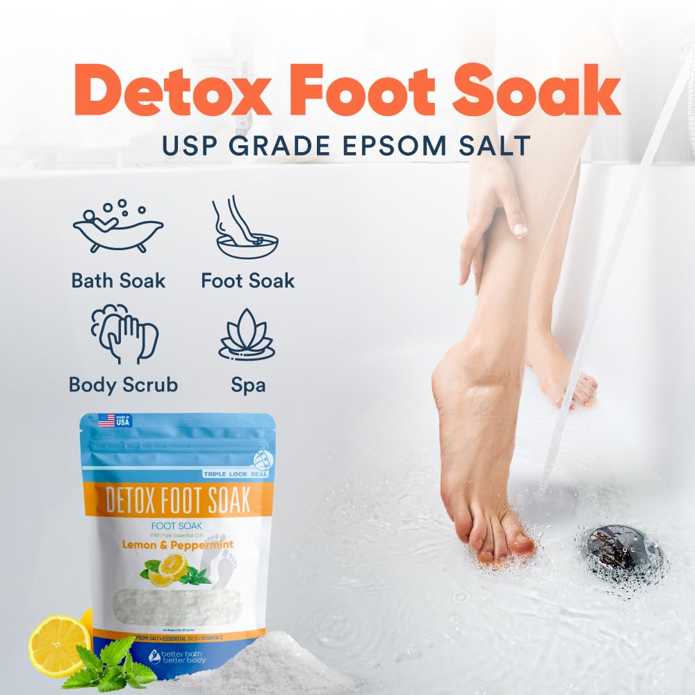 Detox Foot Soak Salts 32 Ounces with Lemon, Peppermint, Lavender Frankincense Essential Oils BPA Free Pouch with Easy Press-Lock Seal Soothe Athletes Foot, Soften Calluses, Relax Tired Feet