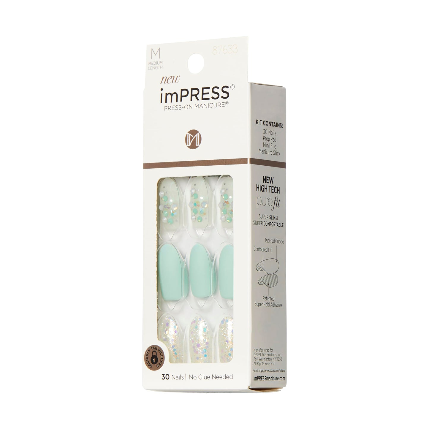 KISS Impress Press-On Manicure Fake Nails, Evergreen - Medium Length, Almond Shape, Polish-Free Mint Green with Glitter Design Mani, Includes Prep Pad, Mini File, Manicure Stick, and 30 Fake Nails