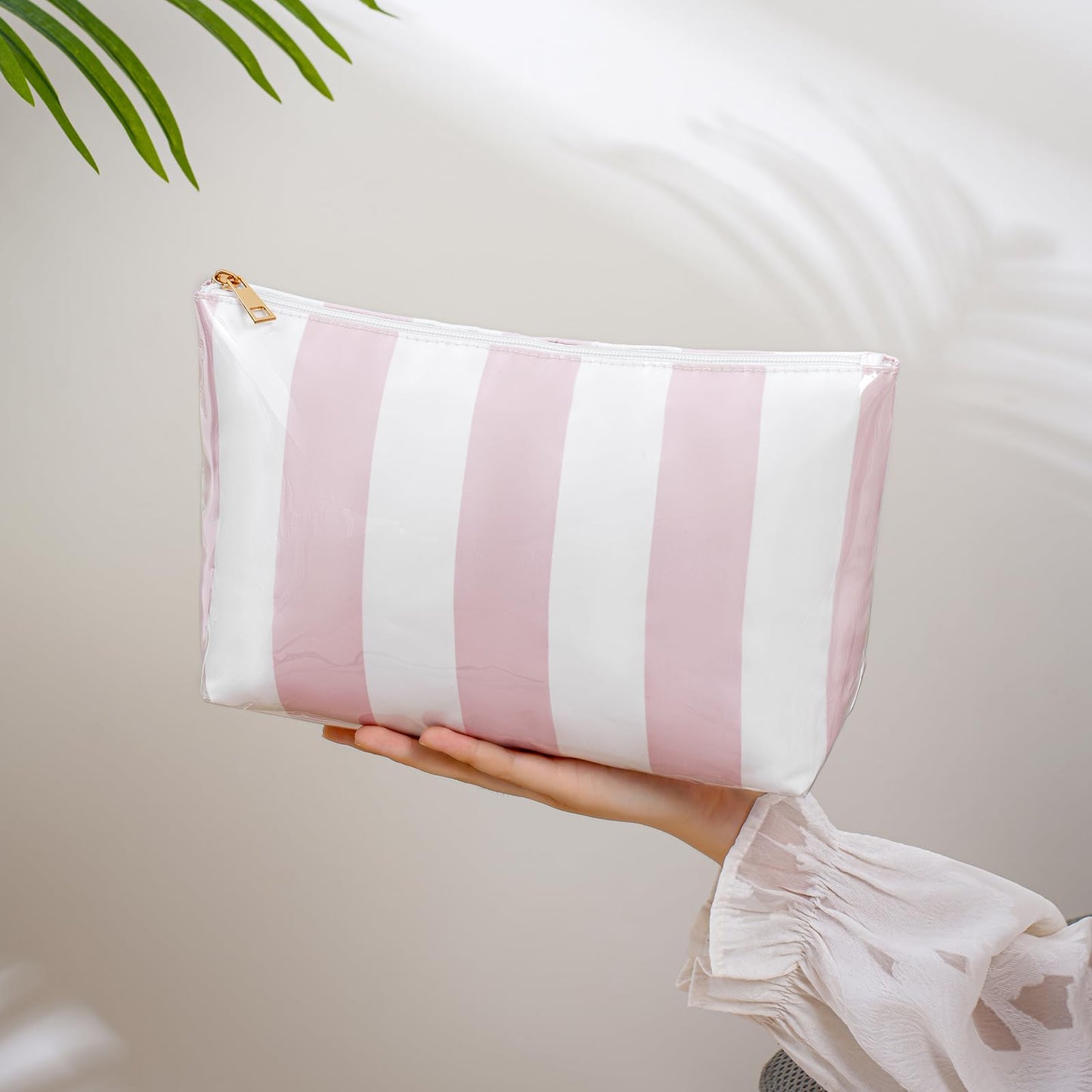 RSRSLEII Large Waterproof Travel Striped Makeup Bag, Aesthetic PVC Toiletry Bag, Coquette Cosmetic Bag, Sunscreen Accessories Storage Organization, Beach Travel Purse(Green)