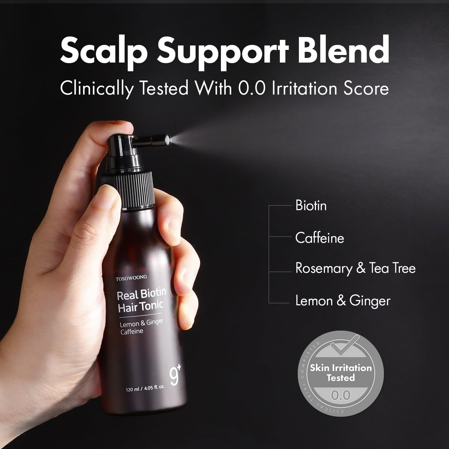 TOSOWOONG Real Biotin Scalp Tonic for Men & Women | Anti Hair-Loss & Thinning, Growth Treatment Spray | Instant Cooling, Nourishing | Caffeine, Rosemary Oil, Tea Tree | K-Beauty 120ml / 4.05 fl.oz.