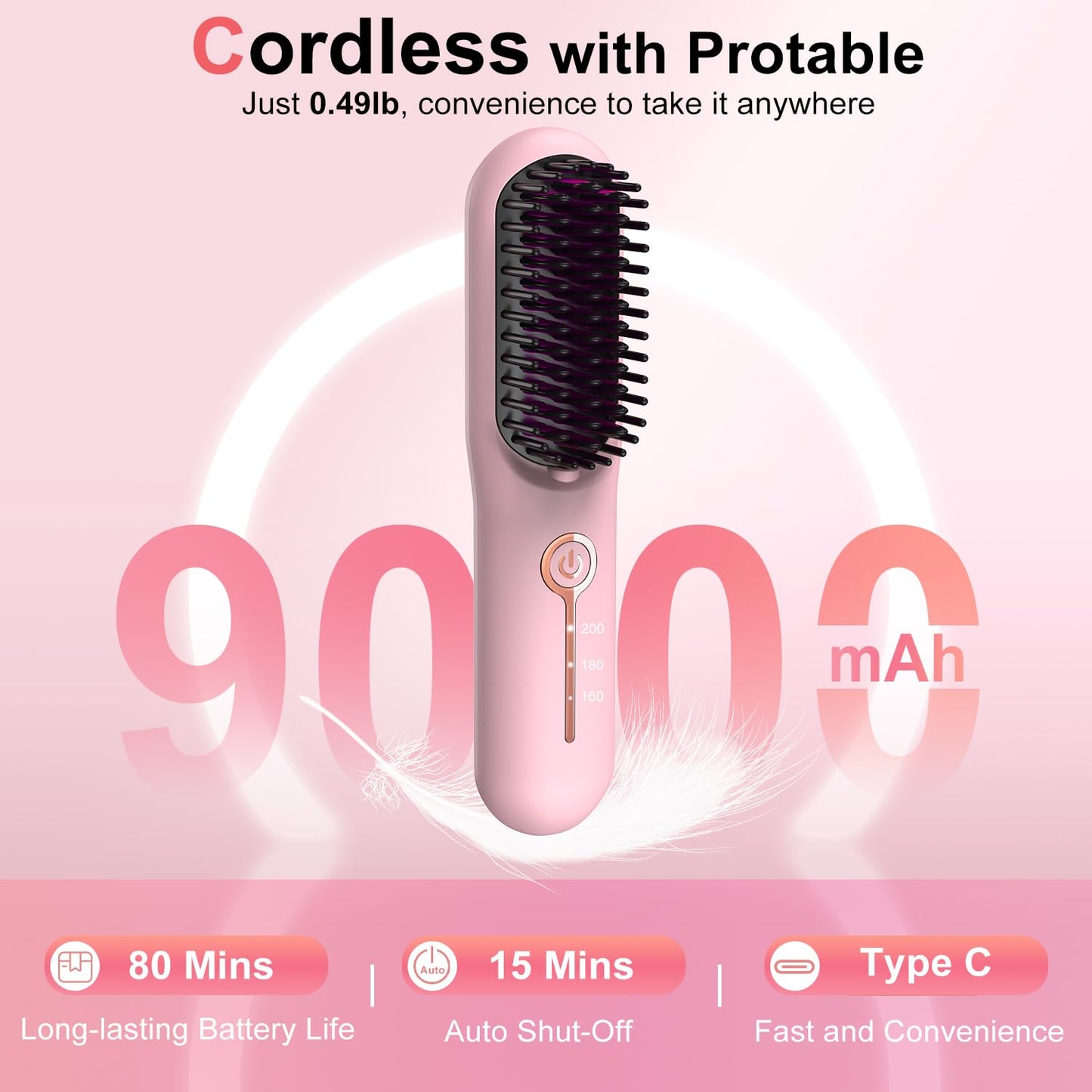 Cordless Hair Straightener Brush, Portable Ionic Plus Frizz-Free Straightening Brush, Rechargeable Touch Up On-the-Go Brush, MCH Fast Heating, 5D Dense Bristles, Auto-Off, Anti-Scald for Women Travel
