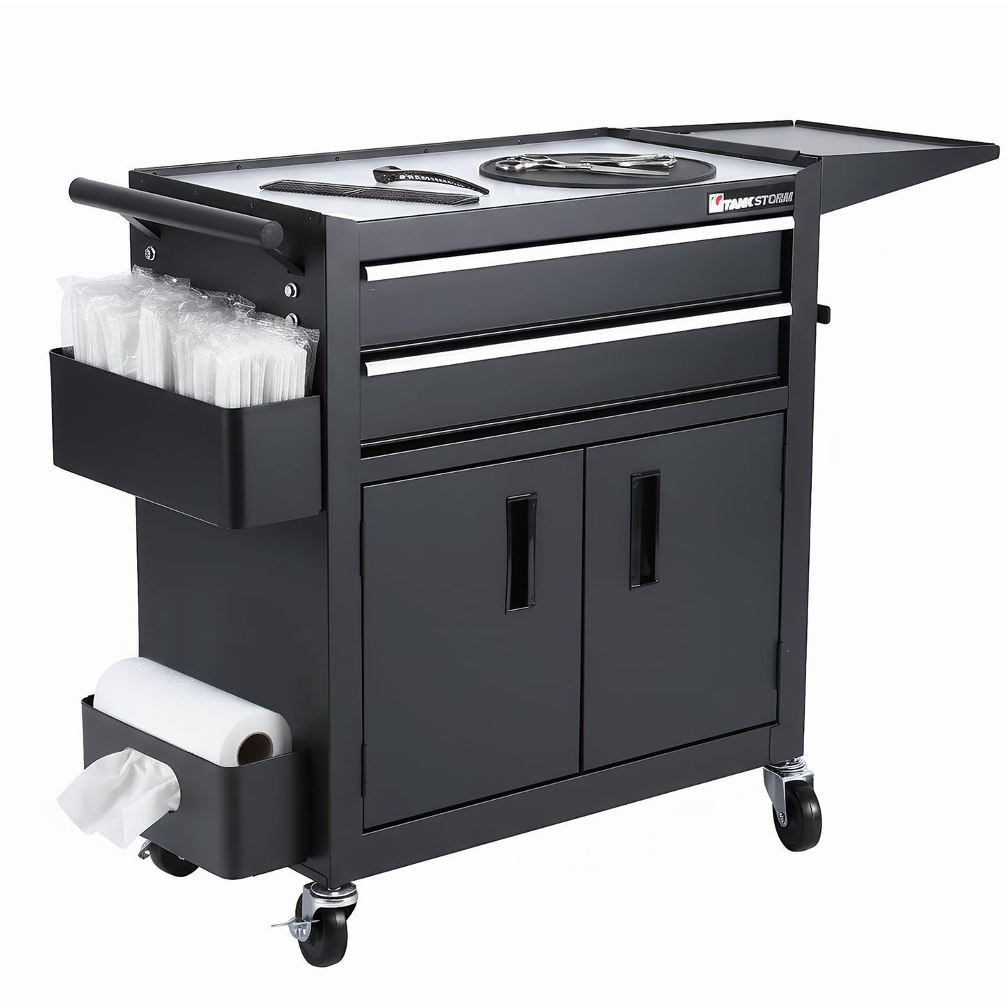 Professional Mobile Rolling Hair Stylist & Tattoo Station Black Steel