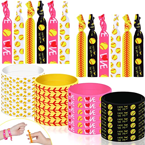 Dingion 48 Pcs Softball Accessories Set: 24 Bracelets + 24 Hair Ties Yellow