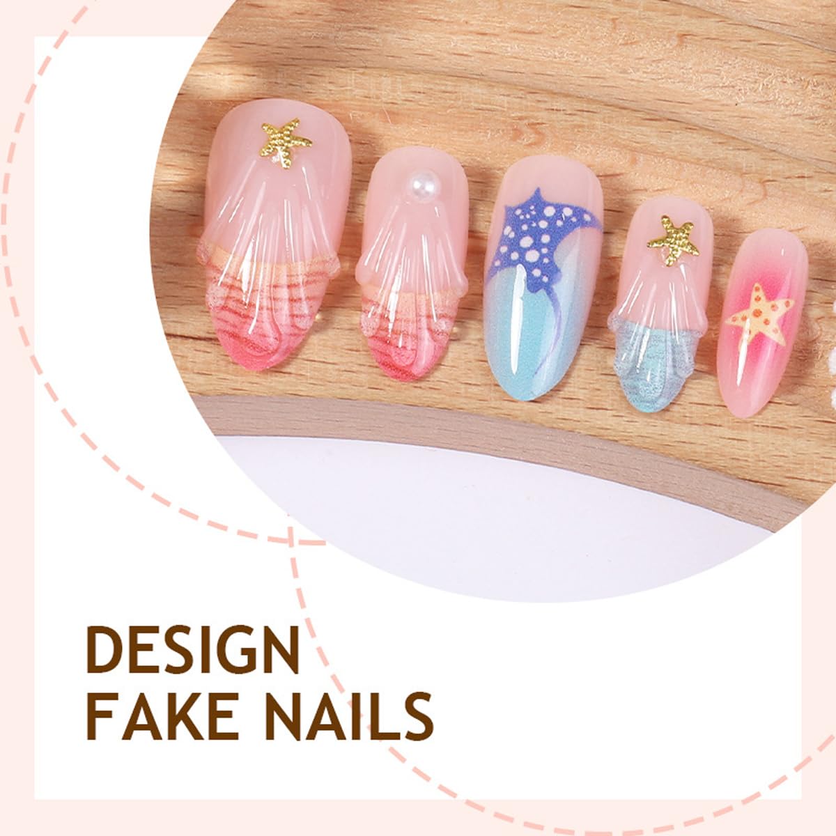 Ocean Press on Nails Medium Almond - Colorful Summer Fake Nails with 3D Seashell, Starfish & Manta Ray Designs, Cute Beach Glue on Nails for Women Manicure 15 Sizes - 30 Pcs