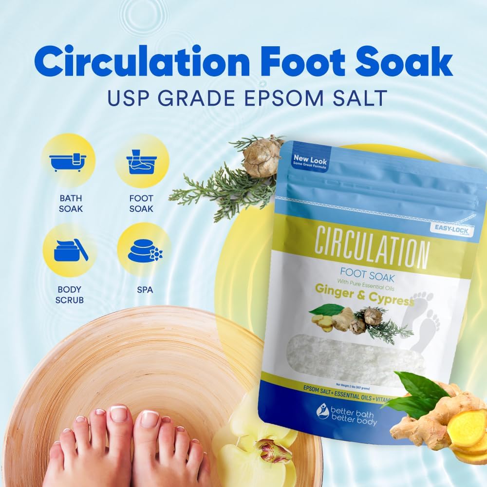 Epsom Salt Foot Soak - 32 Oz Ginger & Cypress Essential Oils | Vitamin C Enriched, BPA-Free Pouch