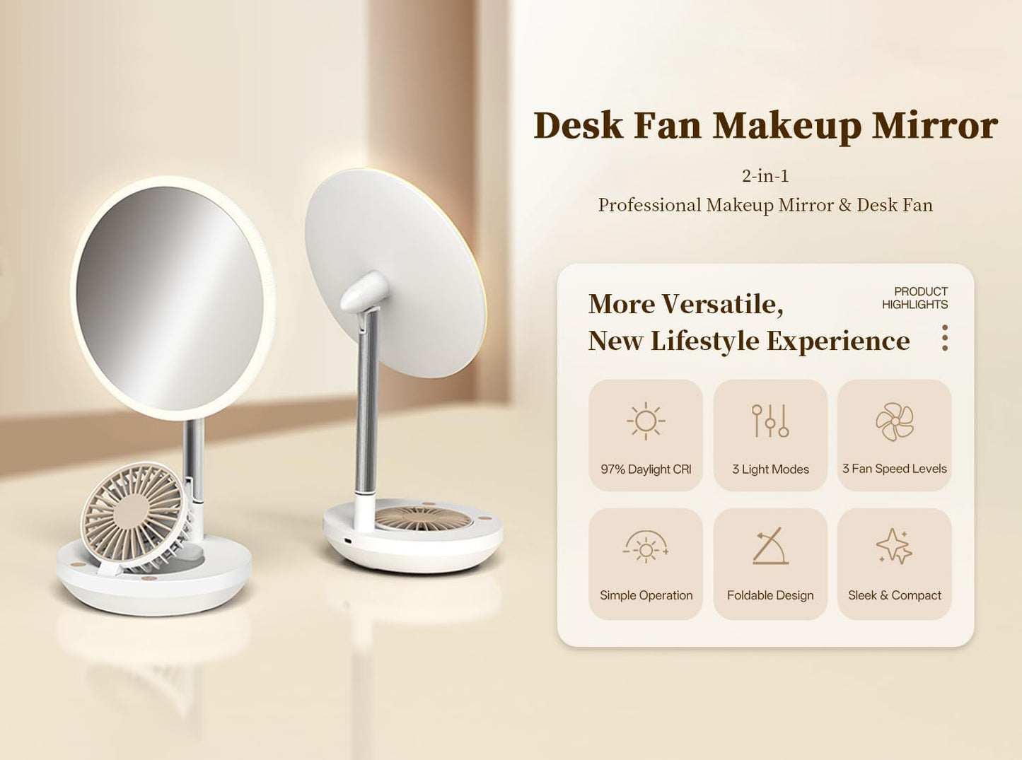 LED Makeup Mirror - 3-in-1 Rechargeable Vanity Mirror with Fan & Ring Light | 3 Color Modes, Stepless Dimming, Portable (White)