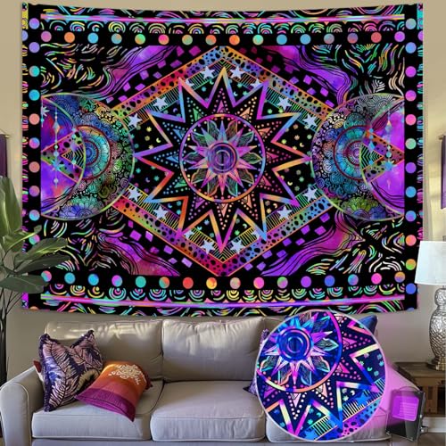 Glow in the Dark Sun and Moon Tapestry - UV Reactive Bohemian Wall Hanging 48'' x 36''