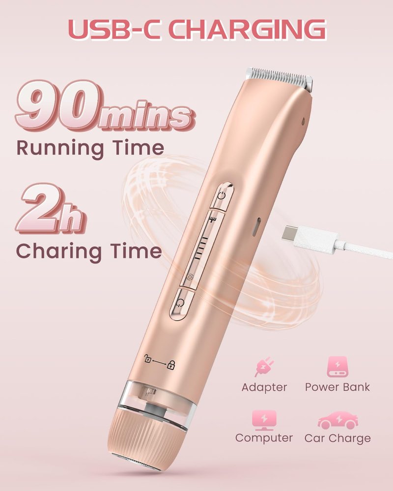 Bikini Trimmer for Women, Painless Dual Head Shaver for Sensitive Skin, IPX7 Waterproof for Safe Shower, USB-C, Detachable Head, Portable 2 in 1 Electric Razors for Pubic Hair, Rose Gold