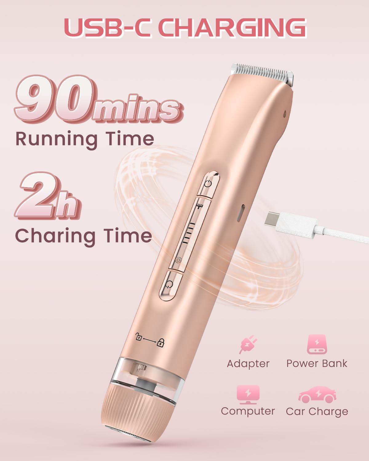Bikini Trimmer for Women, Painless Dual Head Shaver for Sensitive Skin, IPX7 Waterproof for Safe Shower, USB-C, Detachable Head, Portable 2 in 1 Electric Razors for Pubic Hair, Rose Gold
