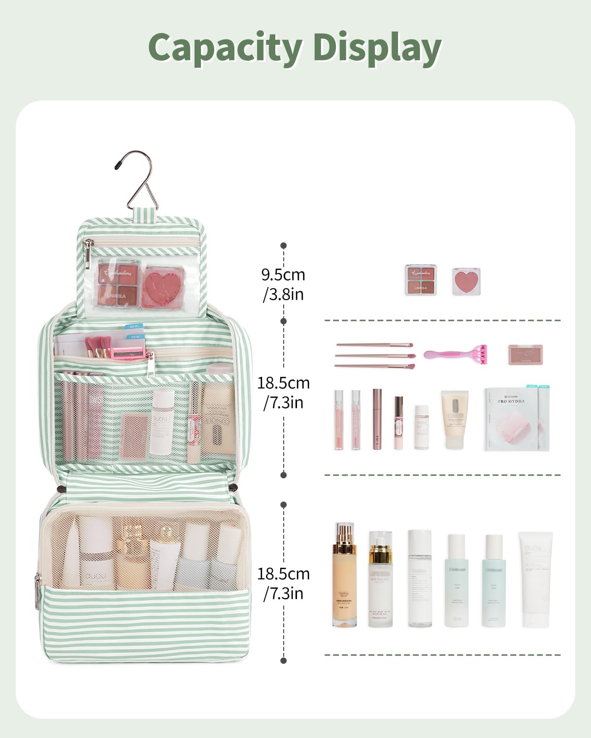 Narwey Small Hanging Travel Toiletry Bag for Women, Travel Bag for Toiletries, Makeup Bag Organizer Cosmetic Bags Make Up Bags for Girls (Mint Green Stripe)