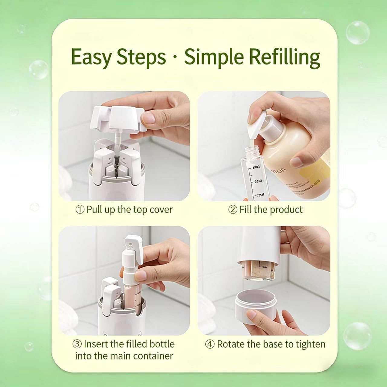 4 in 1 Travel Dispenser Set - Leak-Proof 30ml Pump Bottles for Shampoo, Lotion & Skincare | Portable Green Containers