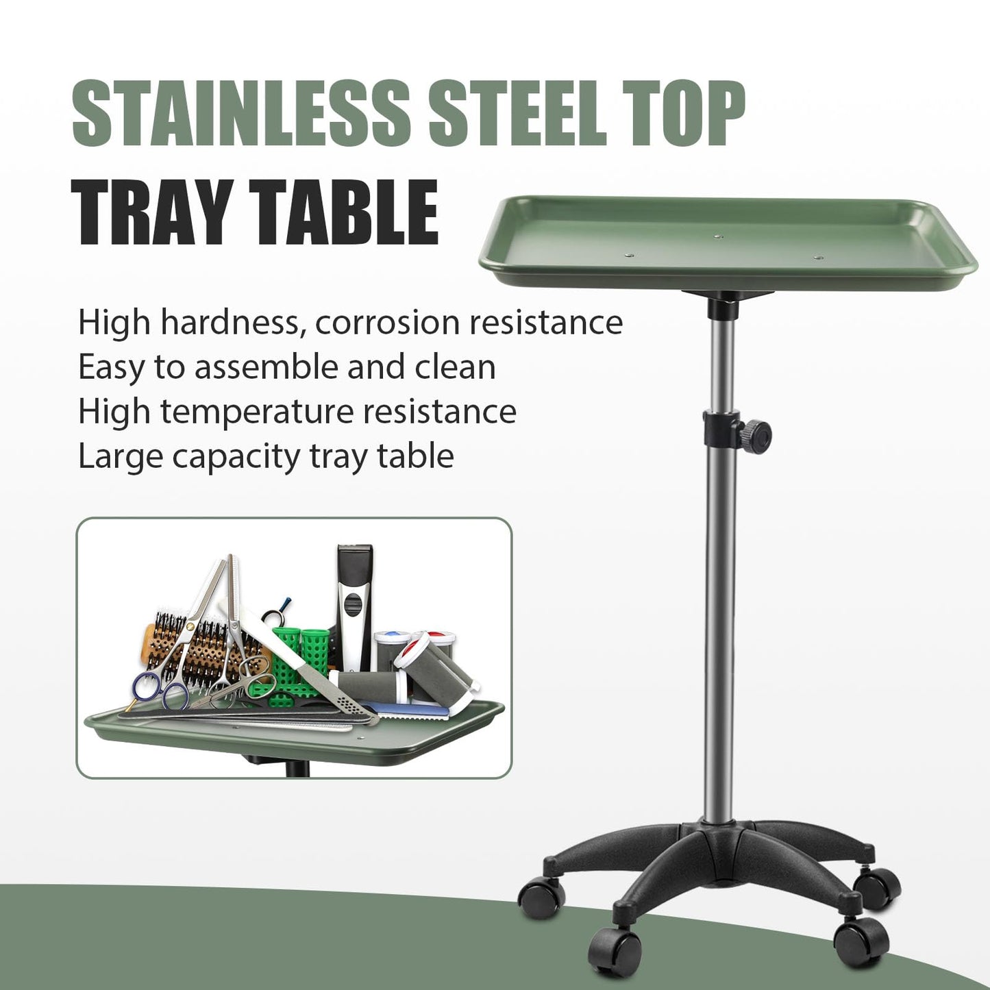 Salon Tray On Wheels Tattoo Tray Rolling Trolley Adjustable Height Storage Utility Cart for Clinic Spa Rolling Tray (Black) (Green)