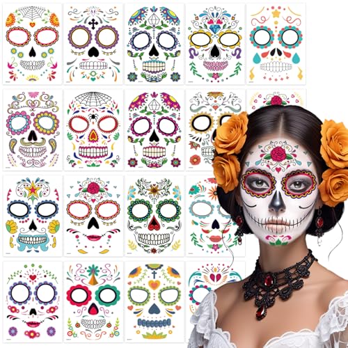 18 Pack Day of the Dead Face Tattoos - Sugar Skull Makeup Kit