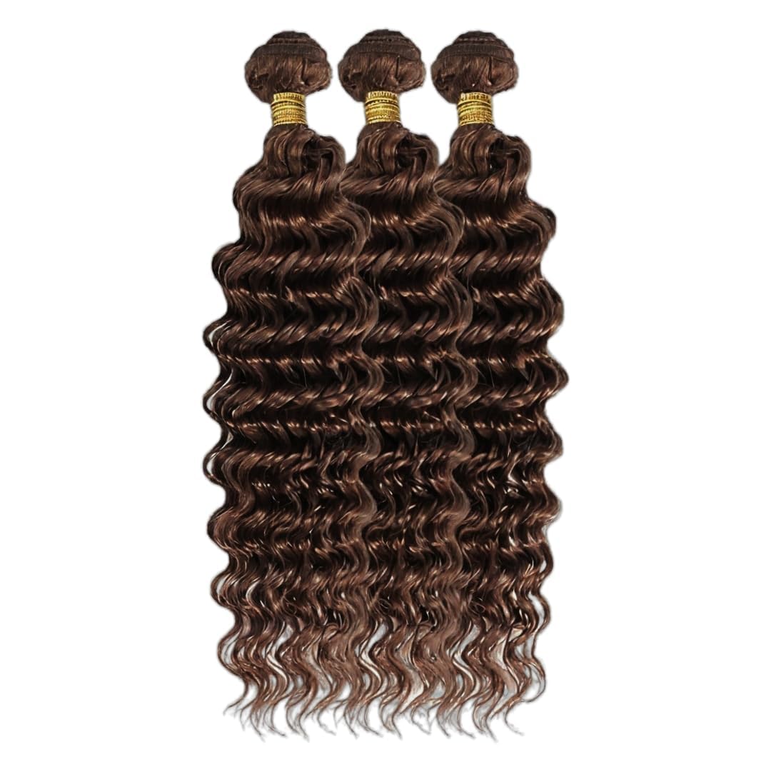 Color #4 Human Hair Bundles Brown Deep Wave Bundles Peruvian Virgin Remy Hair 3 Bundles 26 28 30 Inch Double Weft Dark Brown Hair Weave