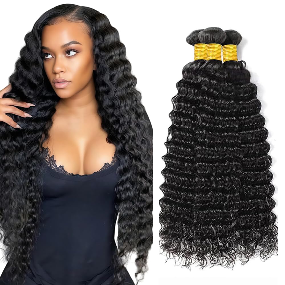 Deep Wave Bundles Human Hair Deep Wave Bundles HuxoWax Black Human Hair Bundle Unprocessed Color 1B Wet and Wavy Bundles For Women 18 20 22 Inch