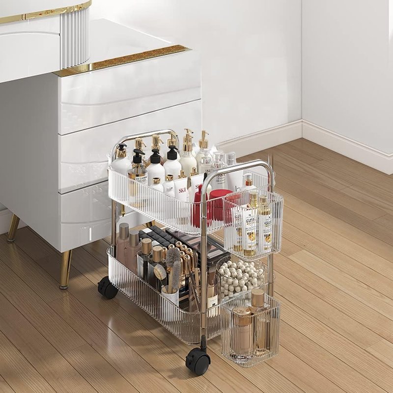 Utility Rolling Cart - 2-Tier Storage Organizer with Wheels | Mobile Trolley for Home, Office, Kitchen - Transparent
