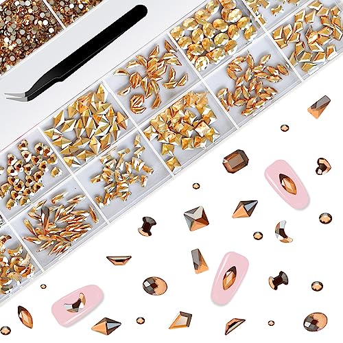 Molisaka Champagne Gold Nail Rhinestones Set 21 Grids Multi Shapes & Sizes for Nails