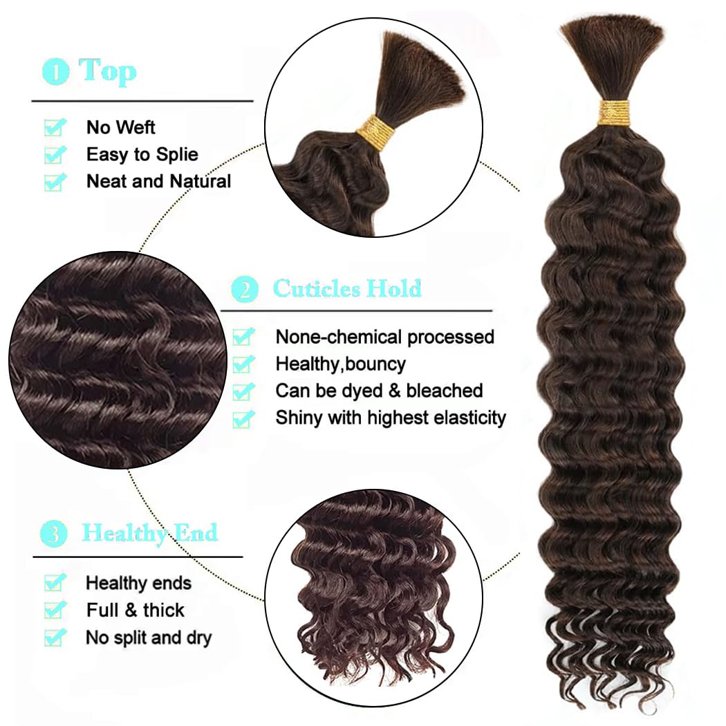 Human Braiding Hair for Boho Braids Human 55g 18 Inch Color 4 Deep Wave Boho Bulk Human Hair for Braiding 12A Deep Wave Bulk Bohemian Chocolate Brown