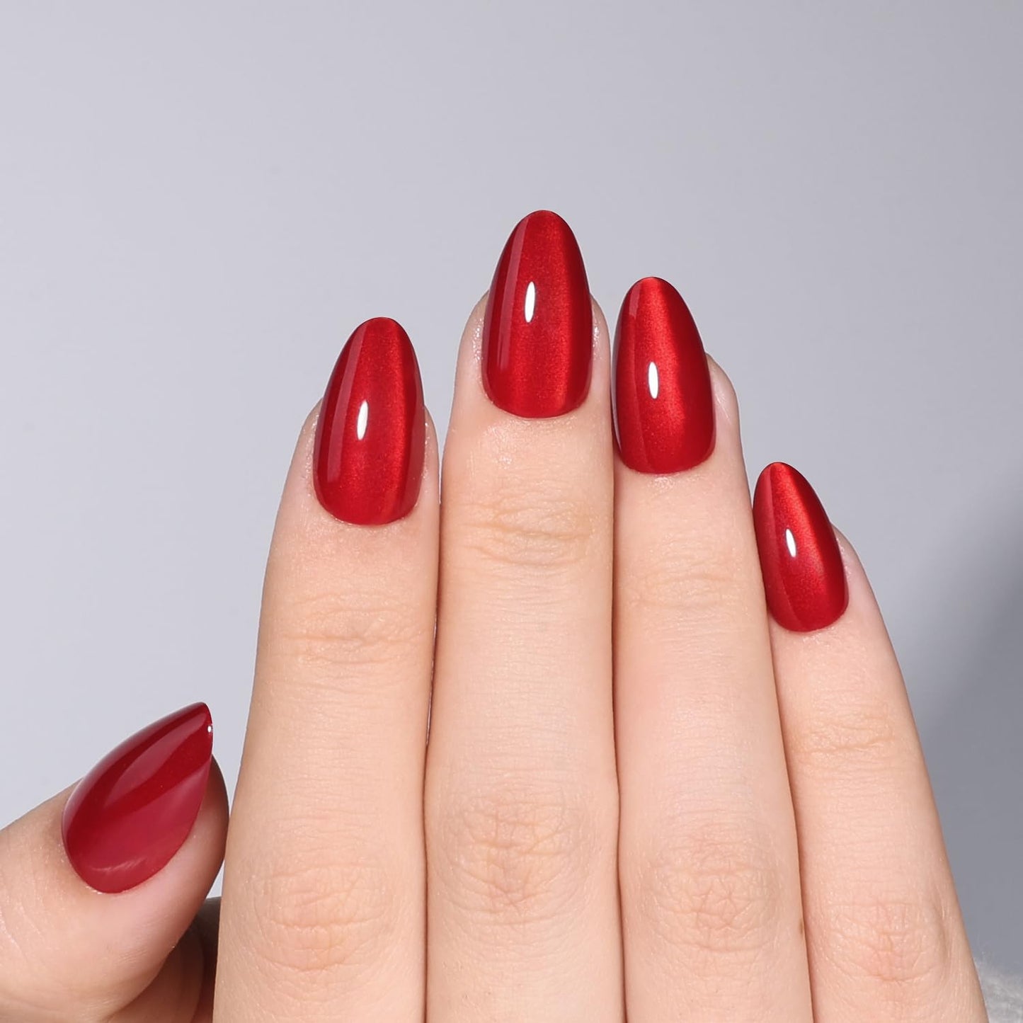 Glossy Red Press On Nails - Almond Shape Fake Nails with Glue | 32 PCS, 16 Sizes for Women