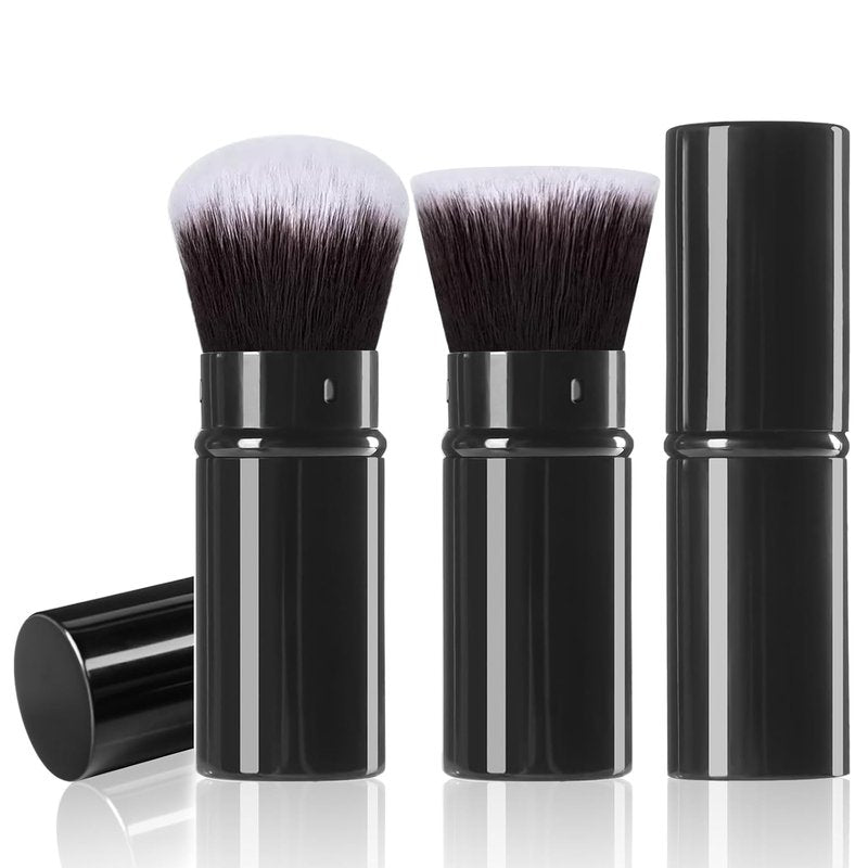 Retractable Kabuki Makeup Brush Set - 2 Pack Travel Brushes for Powder, Cream & Liquid Cosmetics | Aluminum Handle