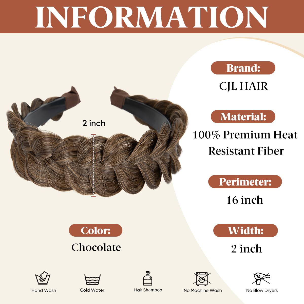 Wide Braided Headbands for Women - Handmade Synthetic Hair Hoops | Chocolate Color, 1PC