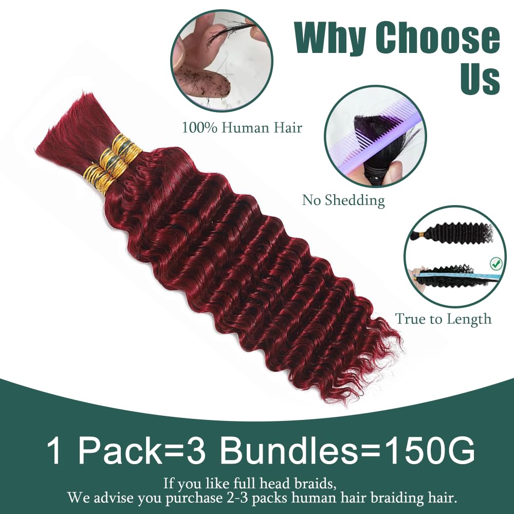 99J Human Braiding Hair for Boho Braids 20 Inch Burgundy Deep Wave Bulk Human Hair Red Wet and Wavy Braids Extensions