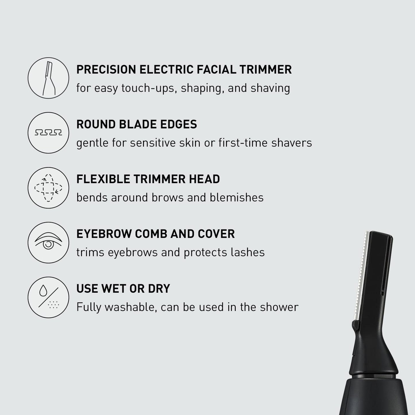 Facial Hair Trimmer for Sensitive Skin - Unisex Detailer with Flexible Head & 2 Eyebrow Attachments | Wet/Dry Use - ER-GM40-K (Black)