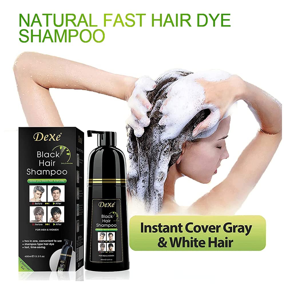 Dexe Hair Dye Shampoo - Black Hair Color for Men & Women | 14.1 Fl Oz Gray Coverage