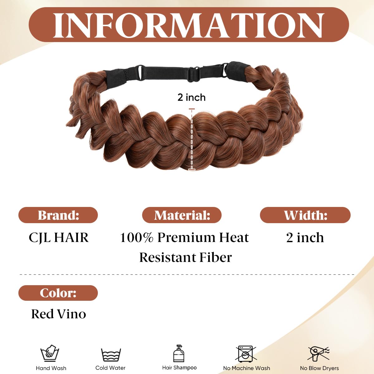 Wide Elastic Braided Headbands for Women - Adjustable Synthetic Hair Hairpiece | Red Vino