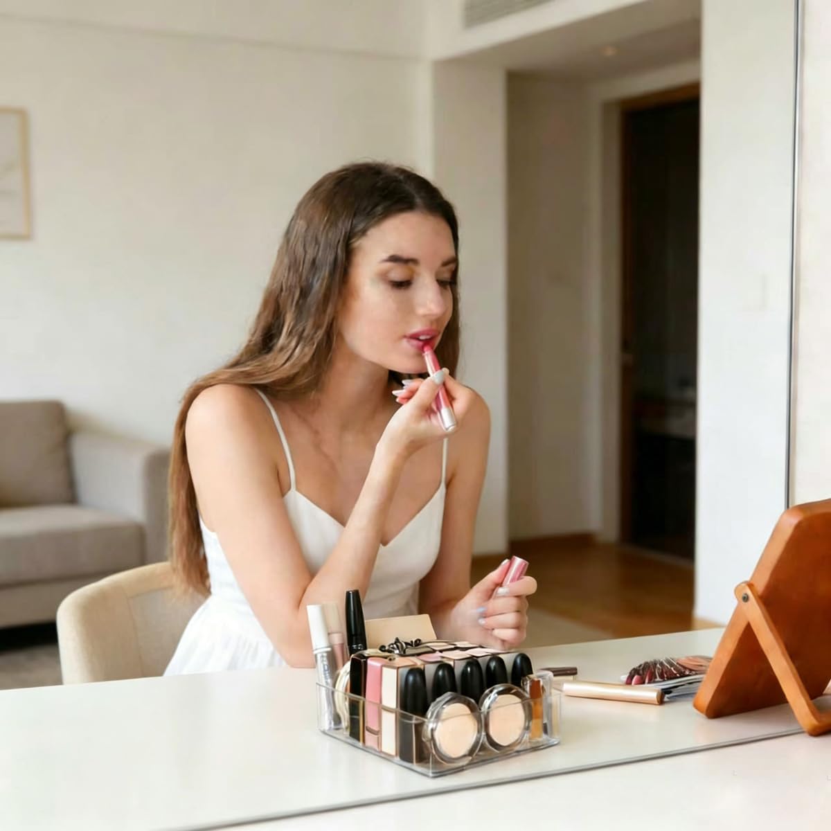 WECHENG Clear Acrylic Makeup Organizer for Eyeshadow Makeup Palette Organizer, 7 Slots Cosmetic Organizer for Vanity Countertop & Drawer, Fits Palettes Blushes Lipstick or Other Small Items