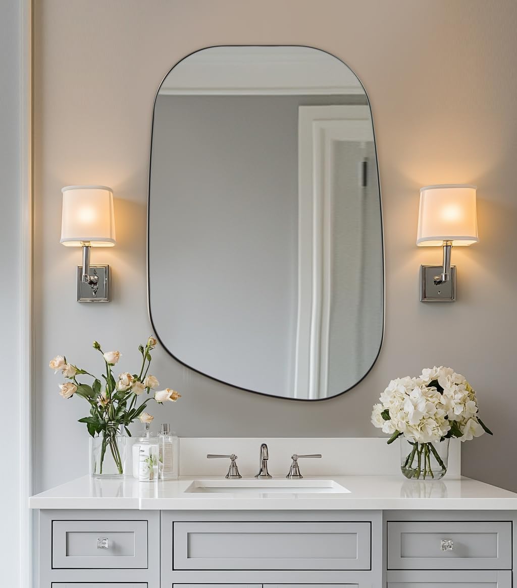 Chrome Asymmetrical Wall Mirror - Unique 24"x32" Irregular Design with SUS304 Stainless Steel Frame for Bathroom, Bedroom, Entryway